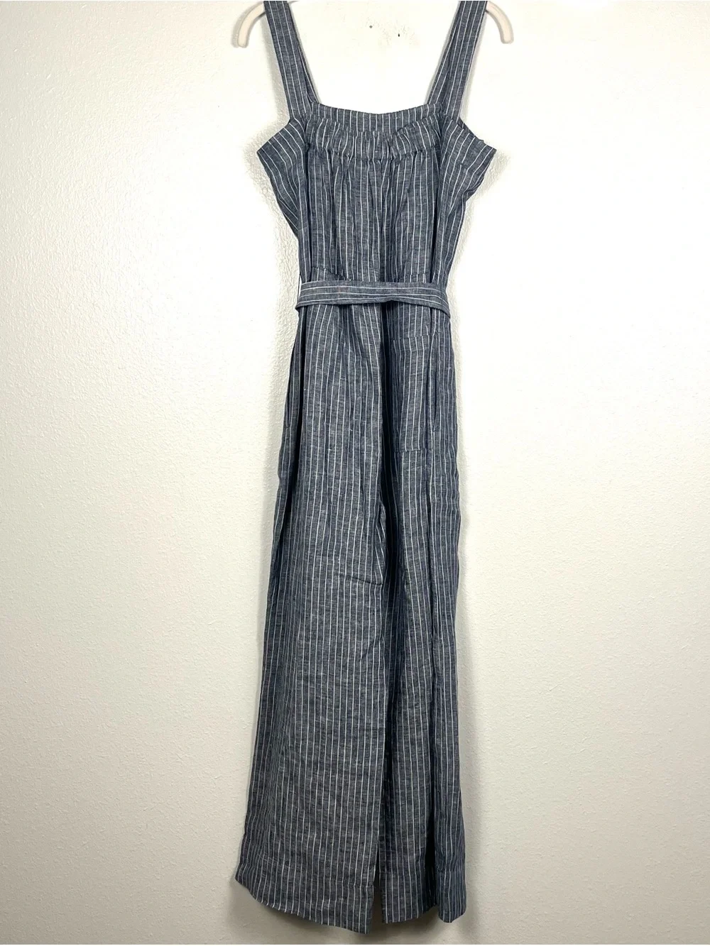 Quince European Linen Chambray Blue Stripe Sleeveless Belted Crop Jumpsuit Small